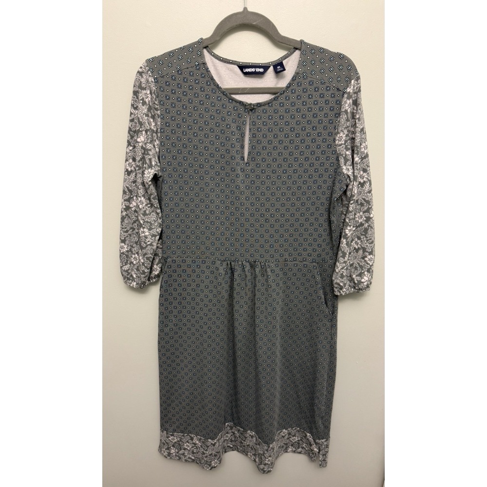 Lands' End Floral Midi Women's Dress Size Medium Green Cotton Stretch 3/4 Sleeve
